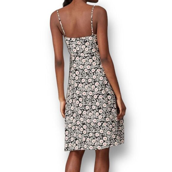 HVN 2 Black Silk Floral Atlanta Midi Dress Fit Flare Square Neck Strappy Summer - Picture 2 of 12